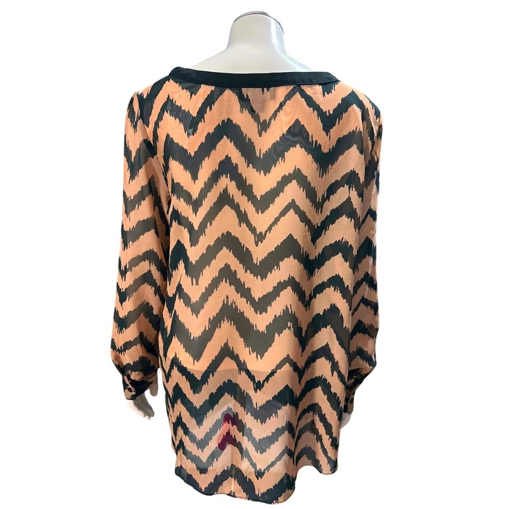 AB Studio Sheer Chevron Blouse Black Beige Long Sleeve Lightweight Bohemian Chic - Picture 5 of 13